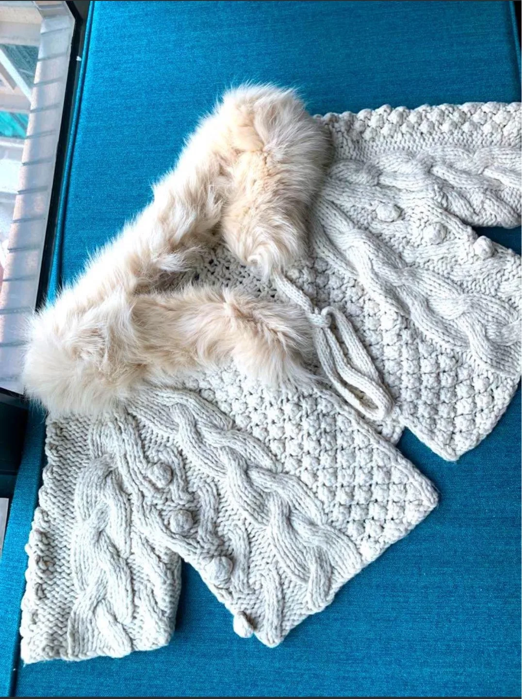 Cream Knitted Cardigan with Fur Collar thumbnail