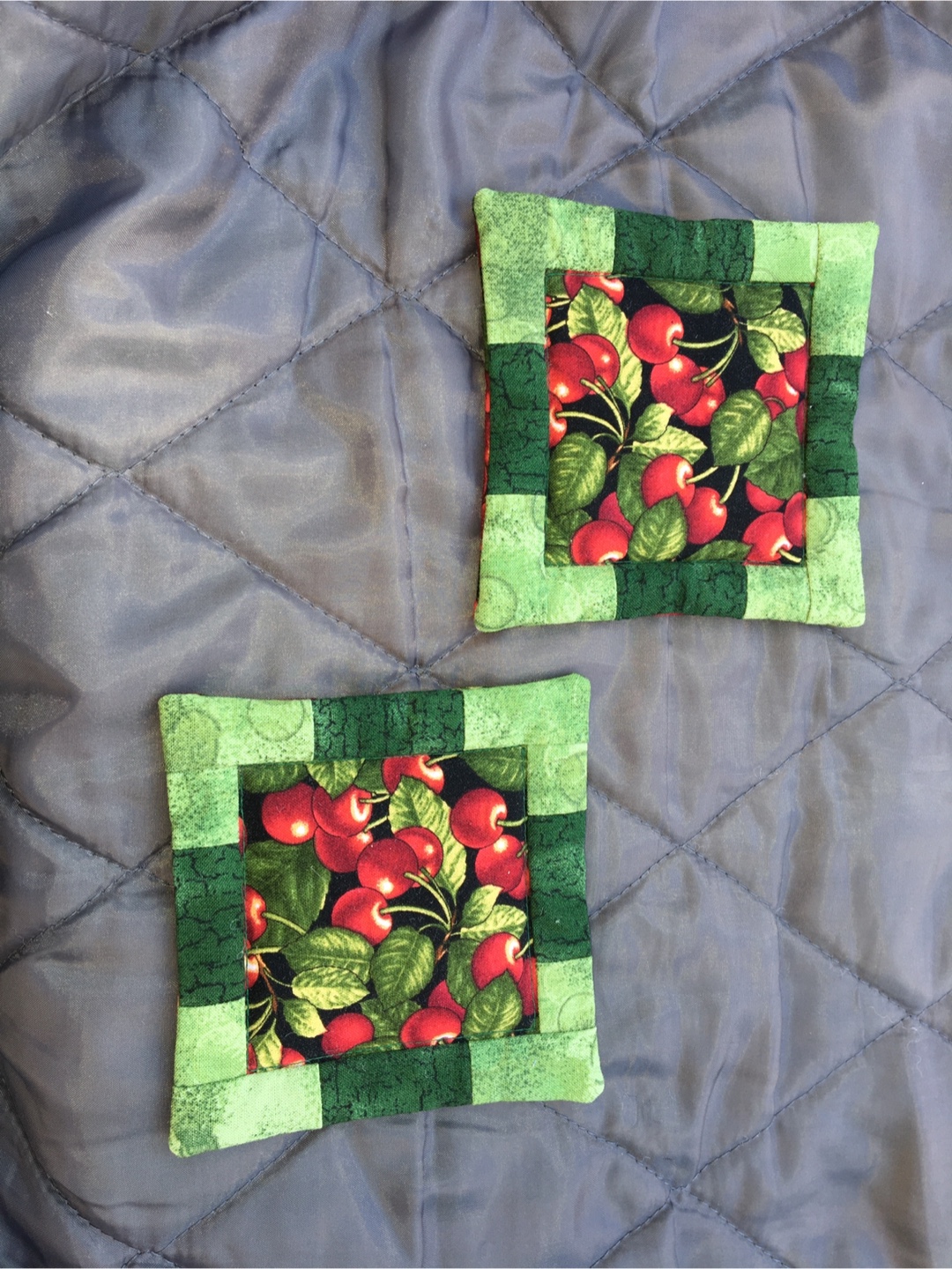 Handmade Cherry Print Coasters - Set of Two