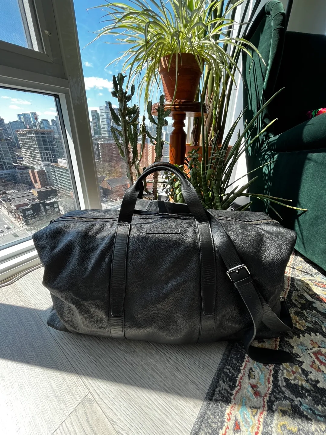 John Varvatos Black Leather Weekender Duffle Bag thumbnail