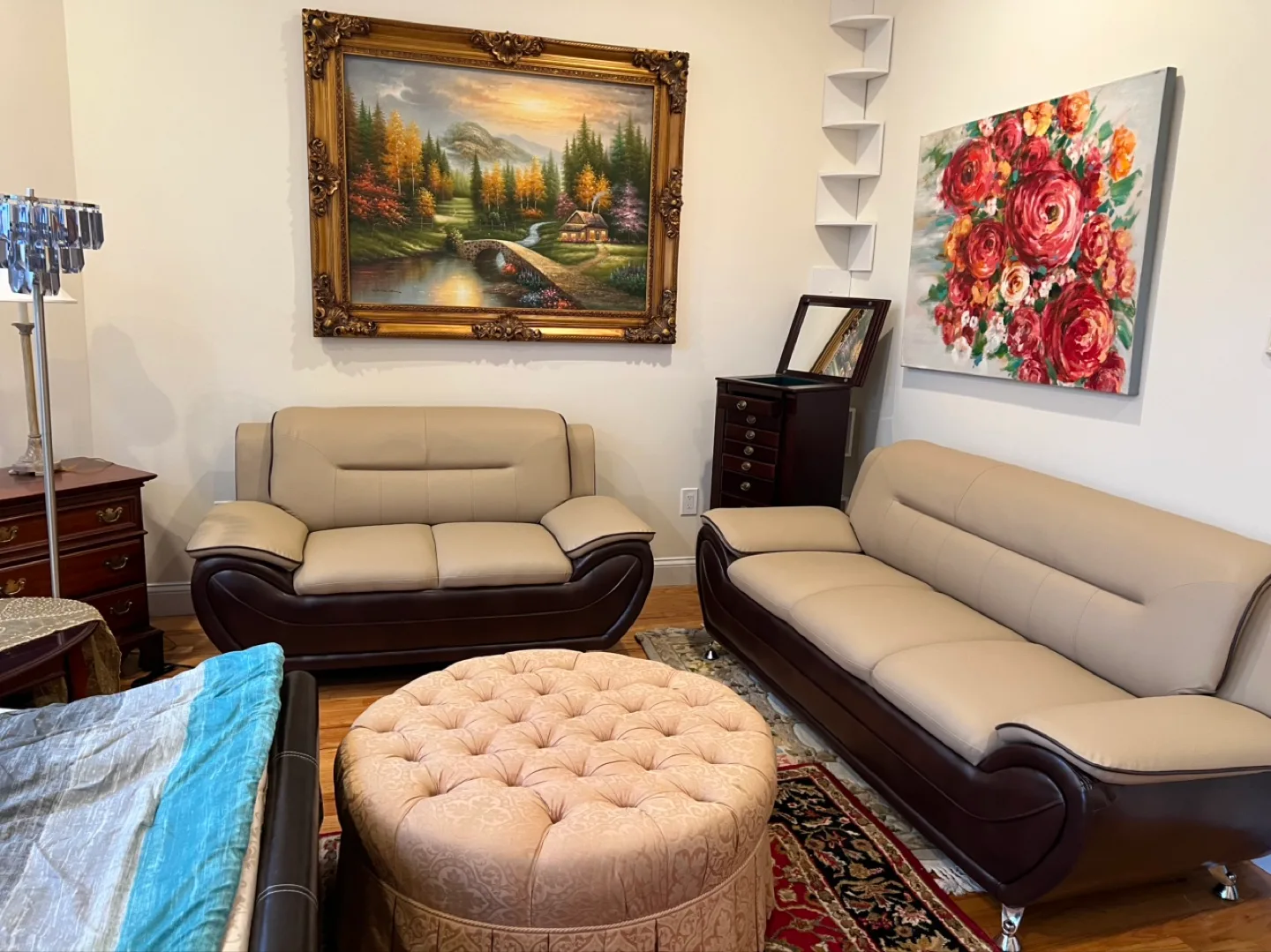 Ornate Gold Framed Oval Mirror & Coastal Painting image indicator(9)