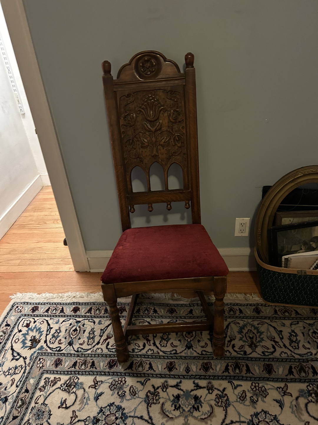 Antique Carved Wood Dining Chair with Burgundy Seat