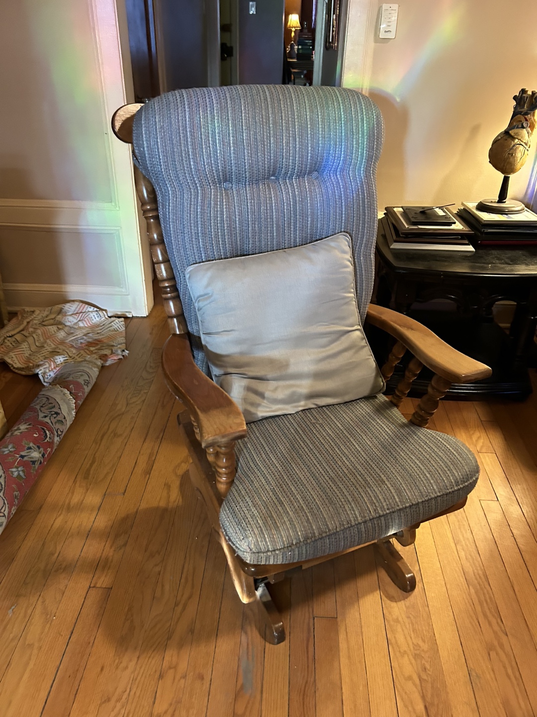 Vintage Wooden Rocking Chair with Gray Striped Upholstery