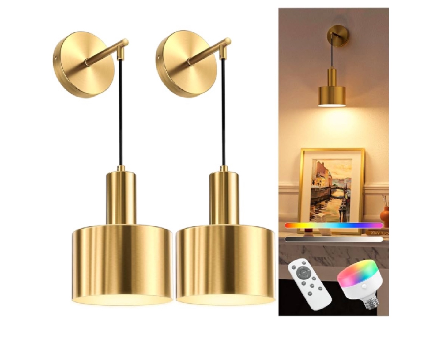 Pair of Modern Gold Wall Lamps with Remote Control & RGB