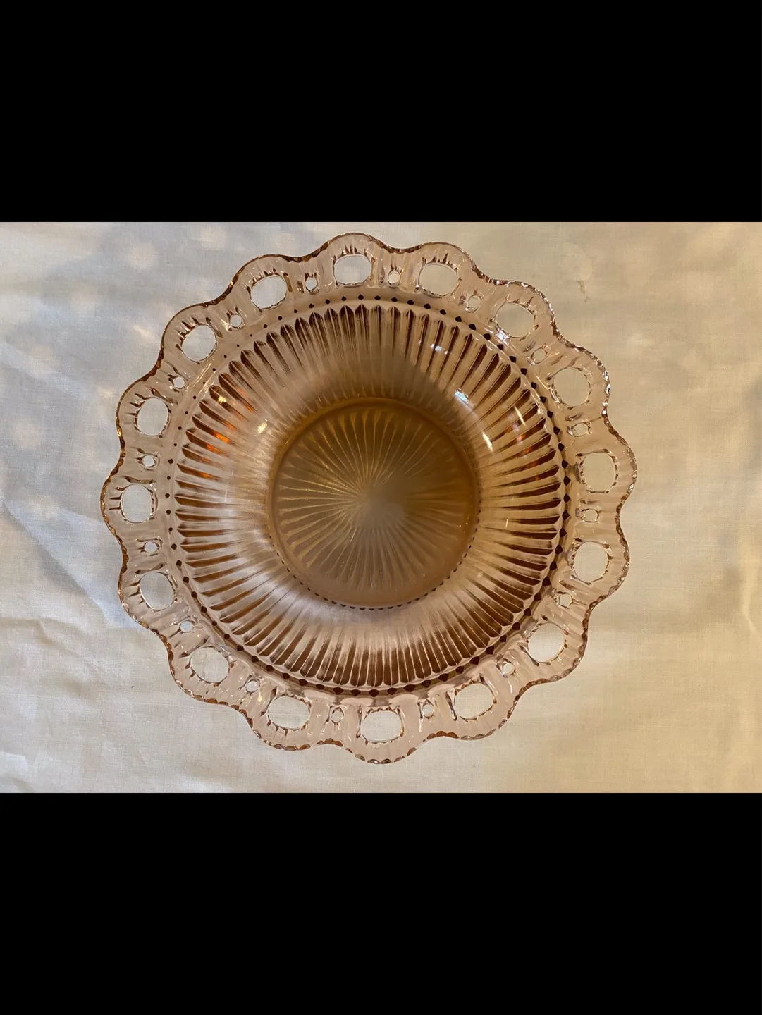 Vintage Pink Depression Glass Ribbed Bowl:  Lace Edge/Open Lace image indicator(2)
