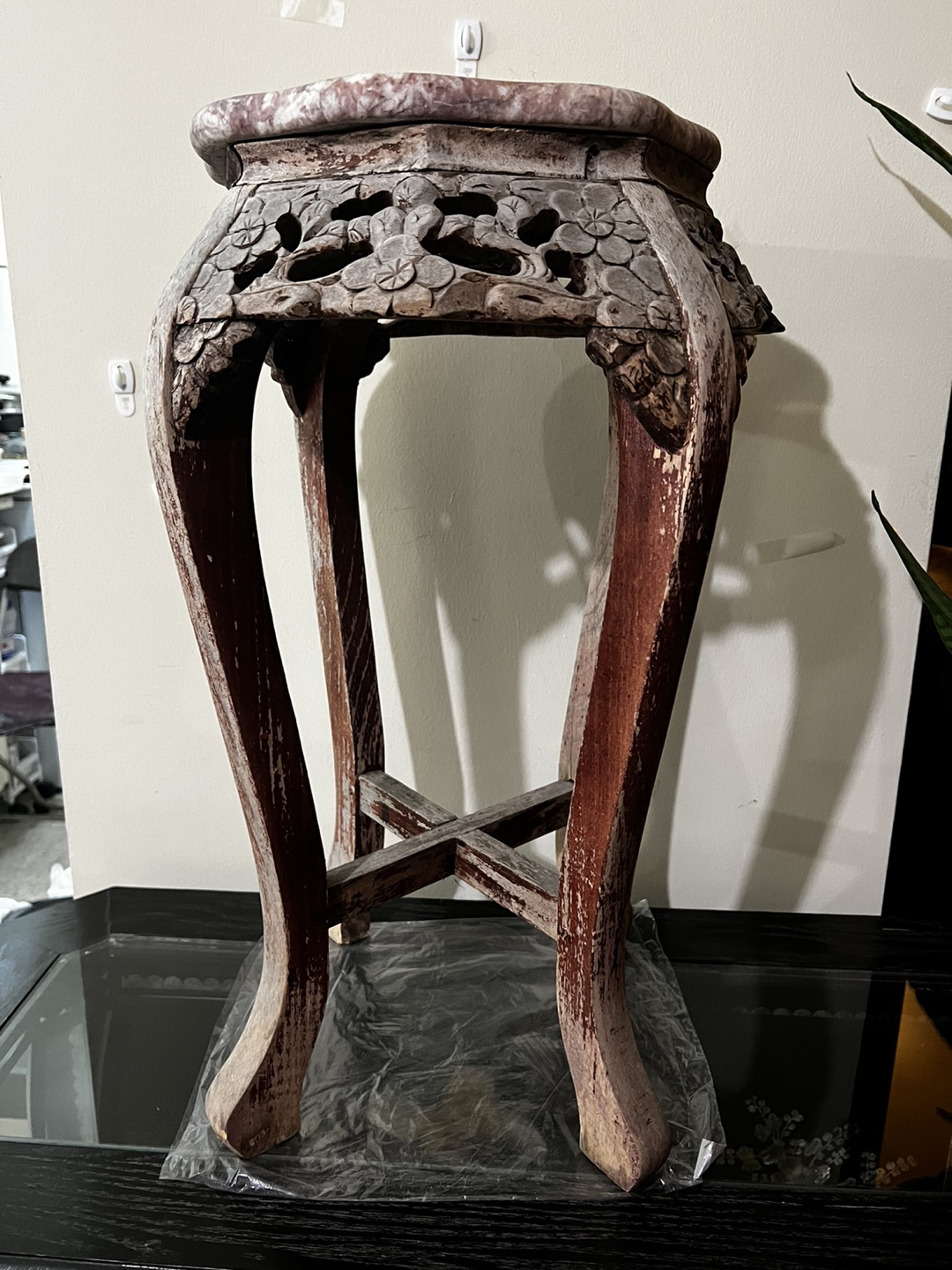 Antique Carved Wood Stand with Marble Top - photo 2