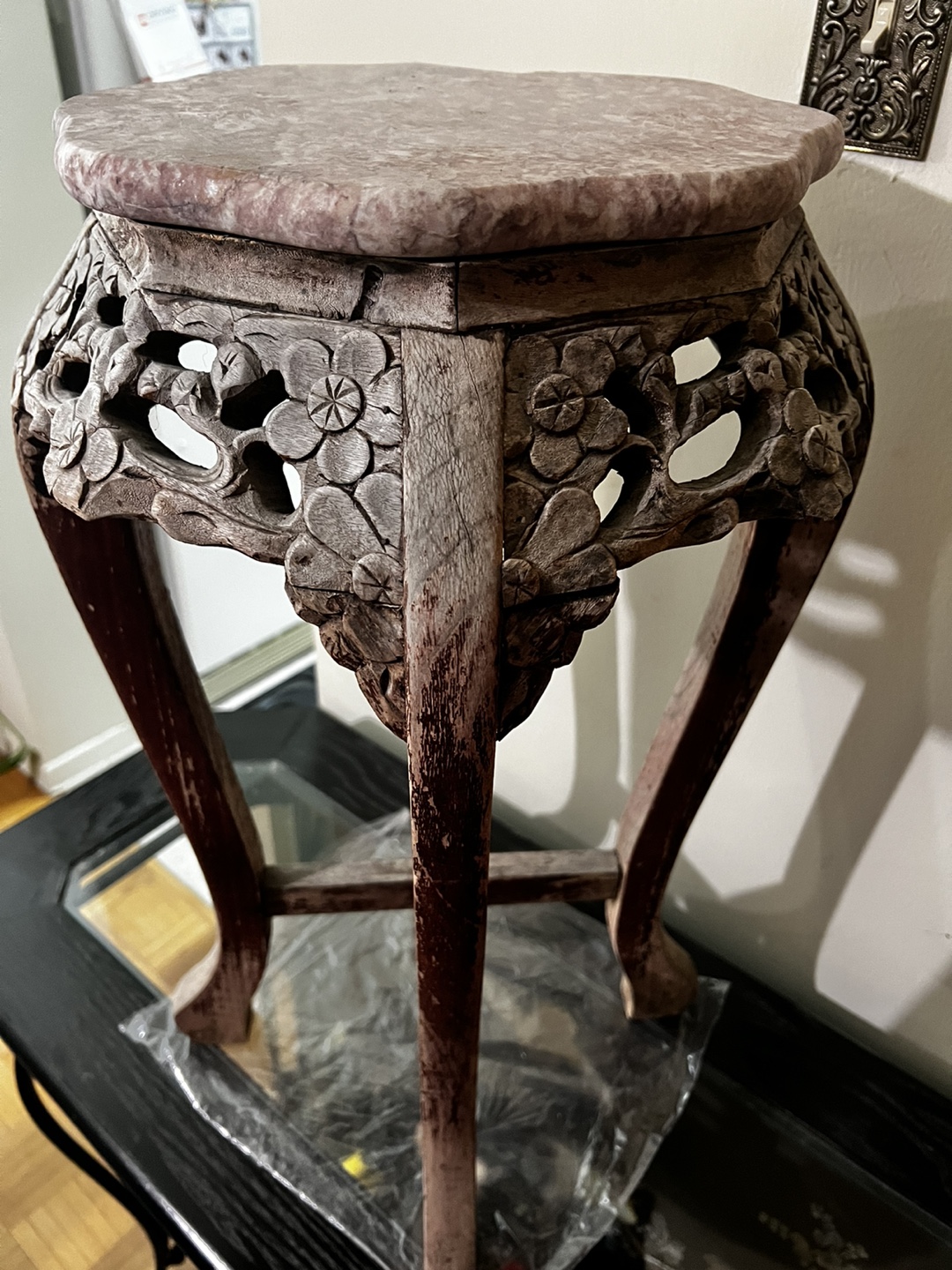 Antique Carved Wood Stand with Marble Top - photo 3