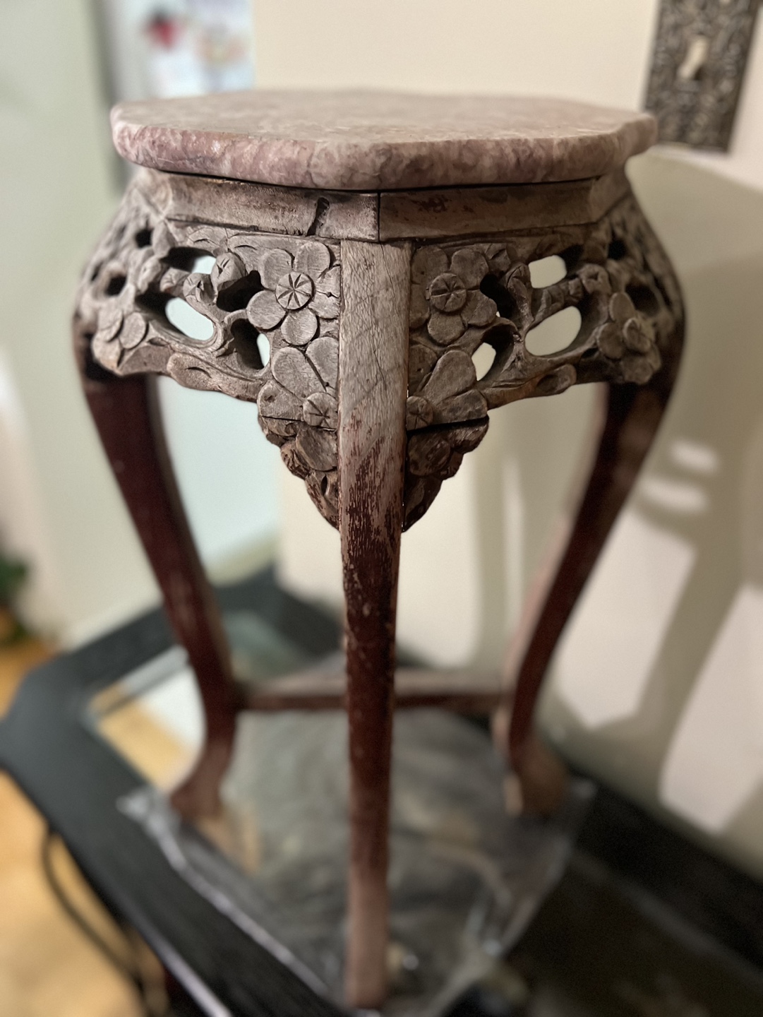 Antique Carved Wood Stand with Marble Top