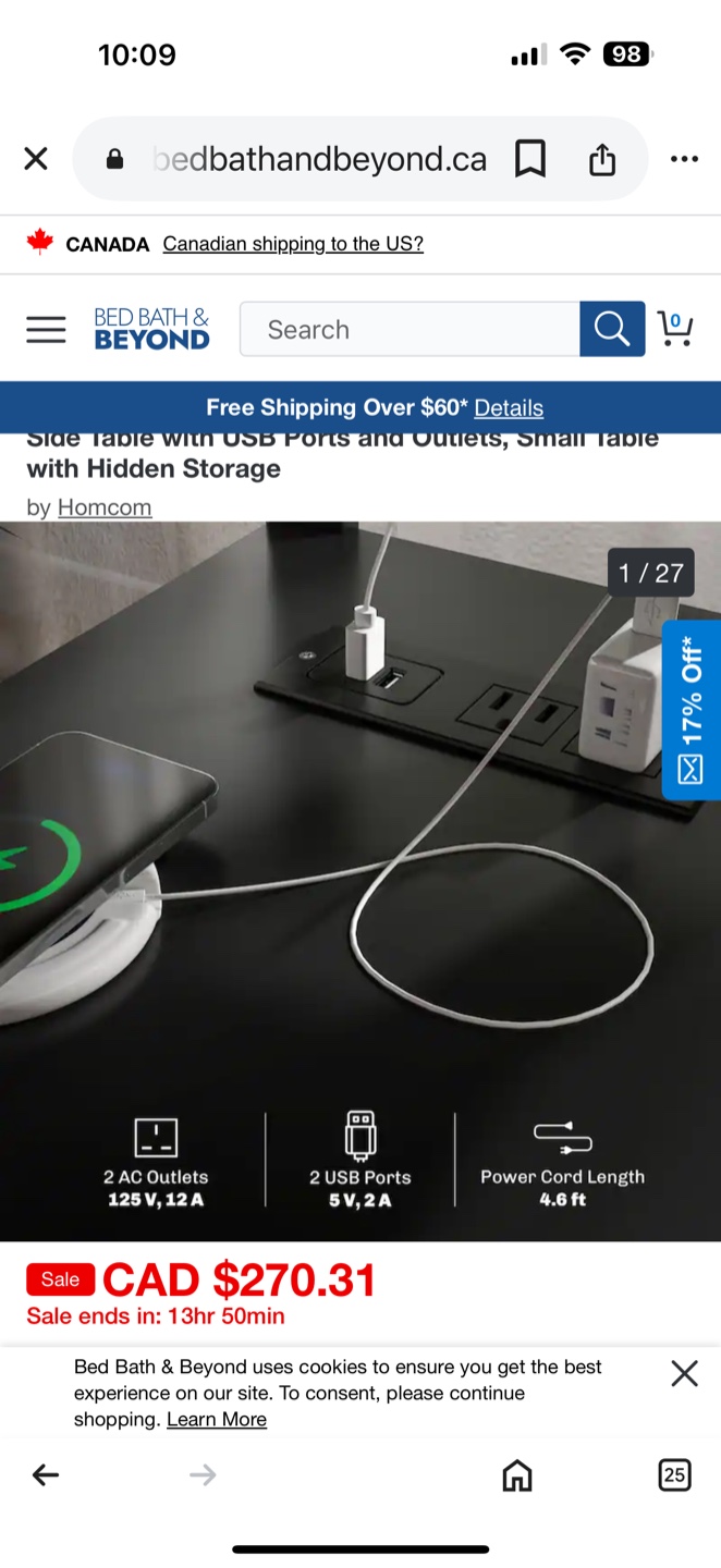 Side Table with USB Ports and Outlets