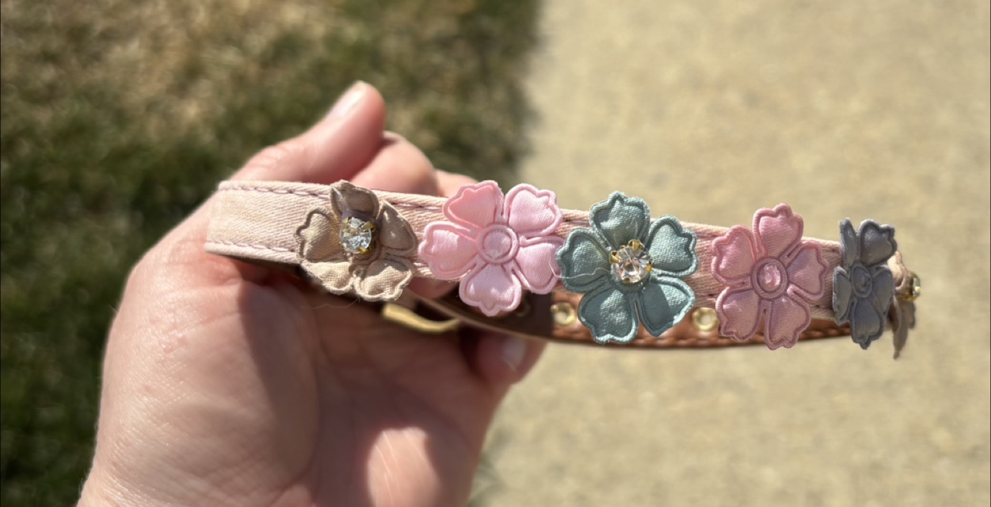 Pink Dog Collar with Flowers - 42cm