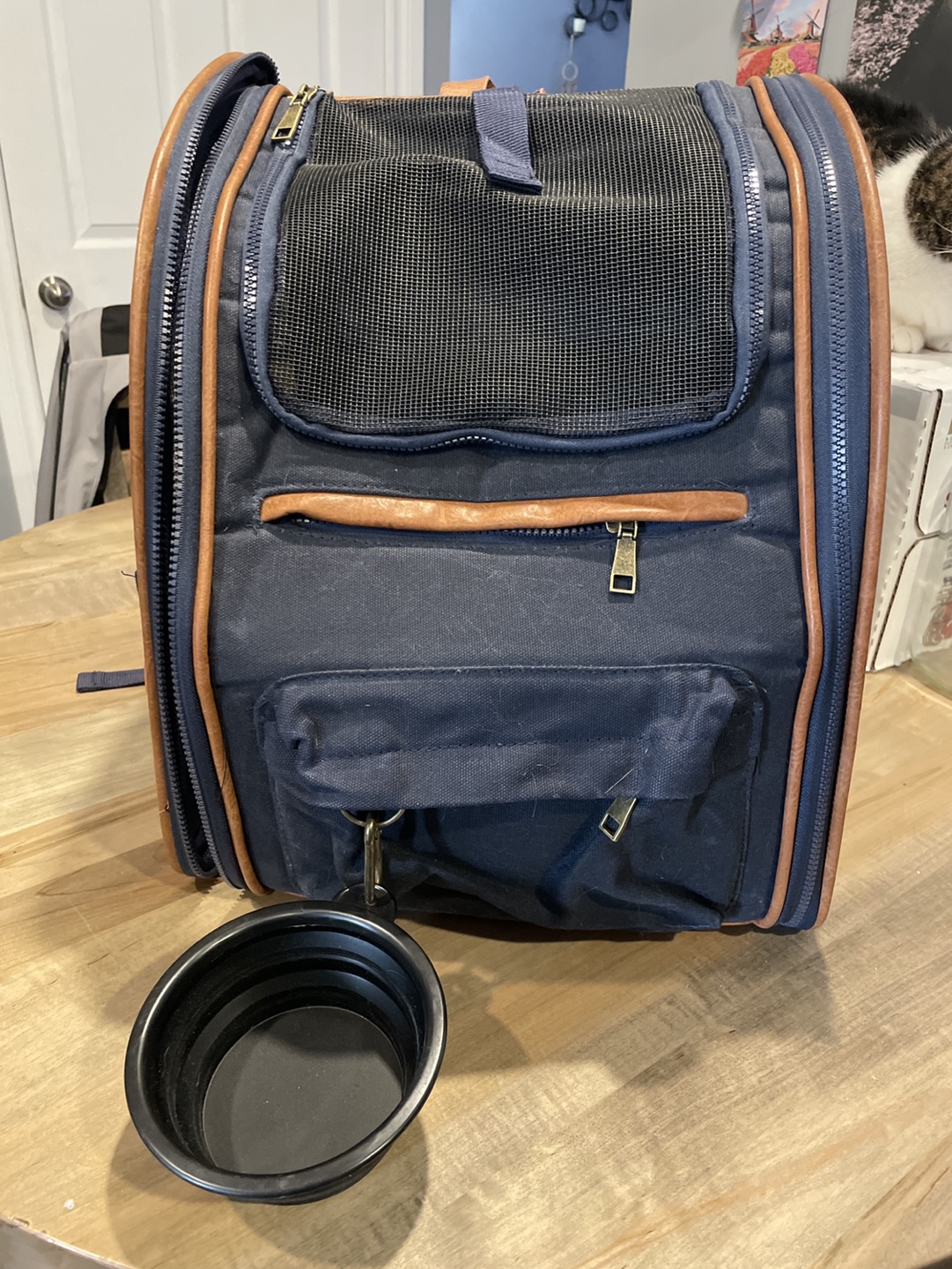 Pet Carrier Backpack - Navy Blue and Brown