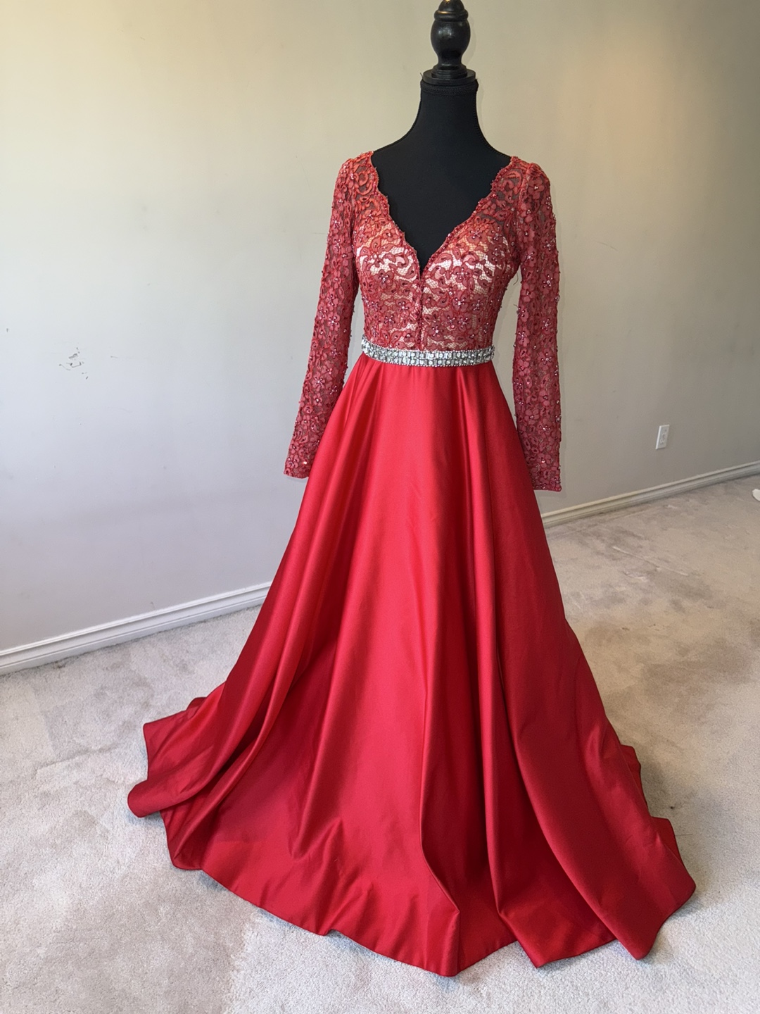 Stunning Red Lace Long Sleeve Formal Gown