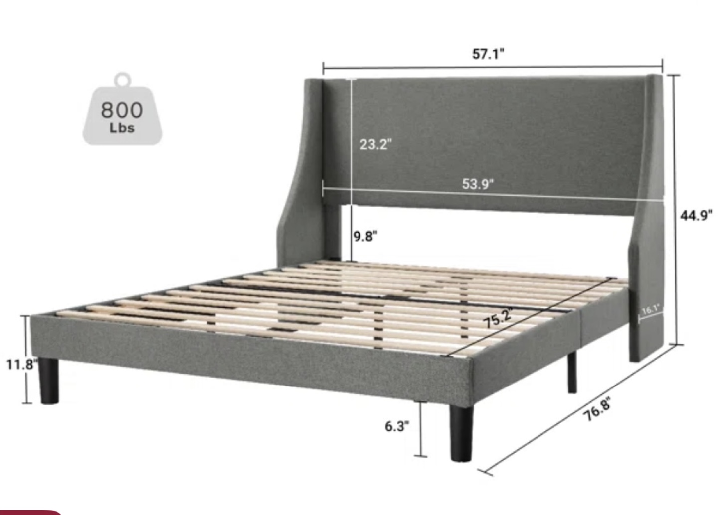 Full-Size Wingback Grey Upholstered Bed Frame - photo 2