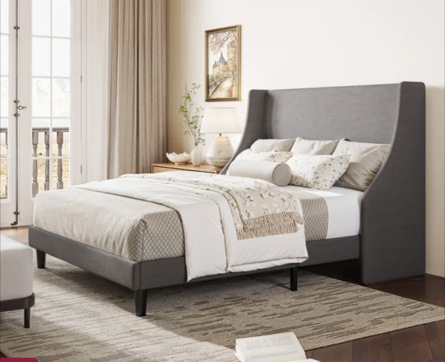 Full-Size Wingback Grey Upholstered Bed Frame