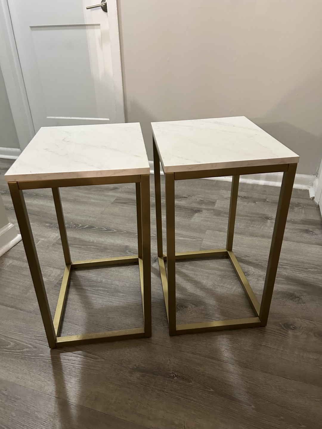 Pair of Gold Metal and White Marble End Tables