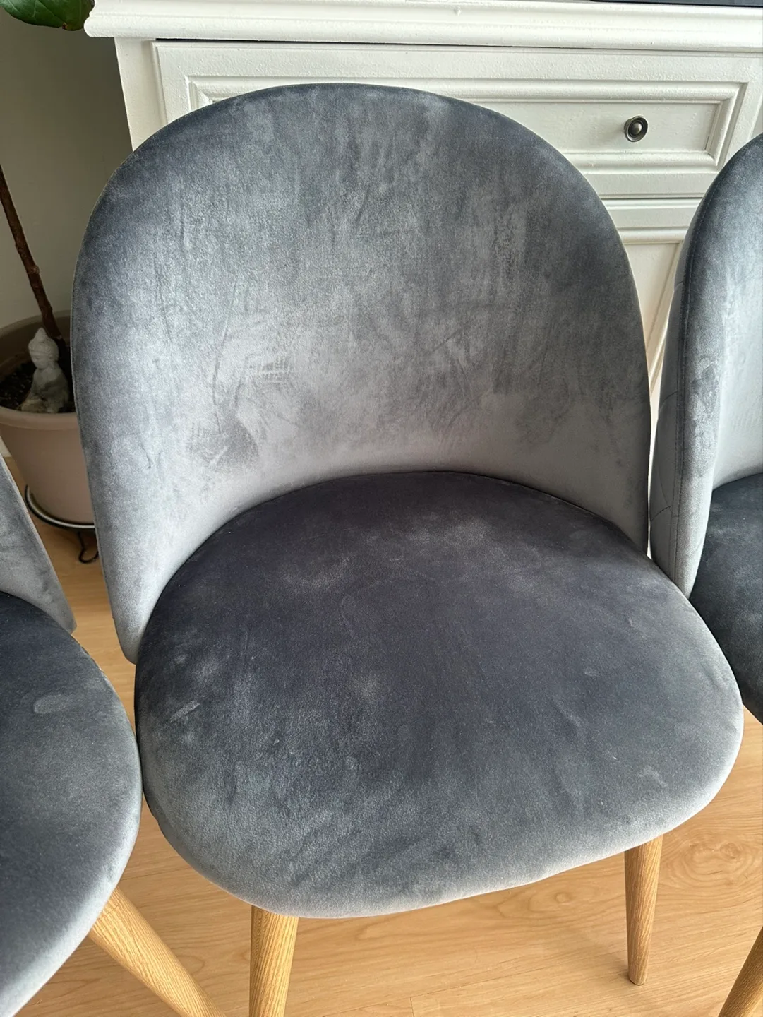 Set of Four Grey Velvet Dining Chairs with Light Wood Legs image indicator(6)