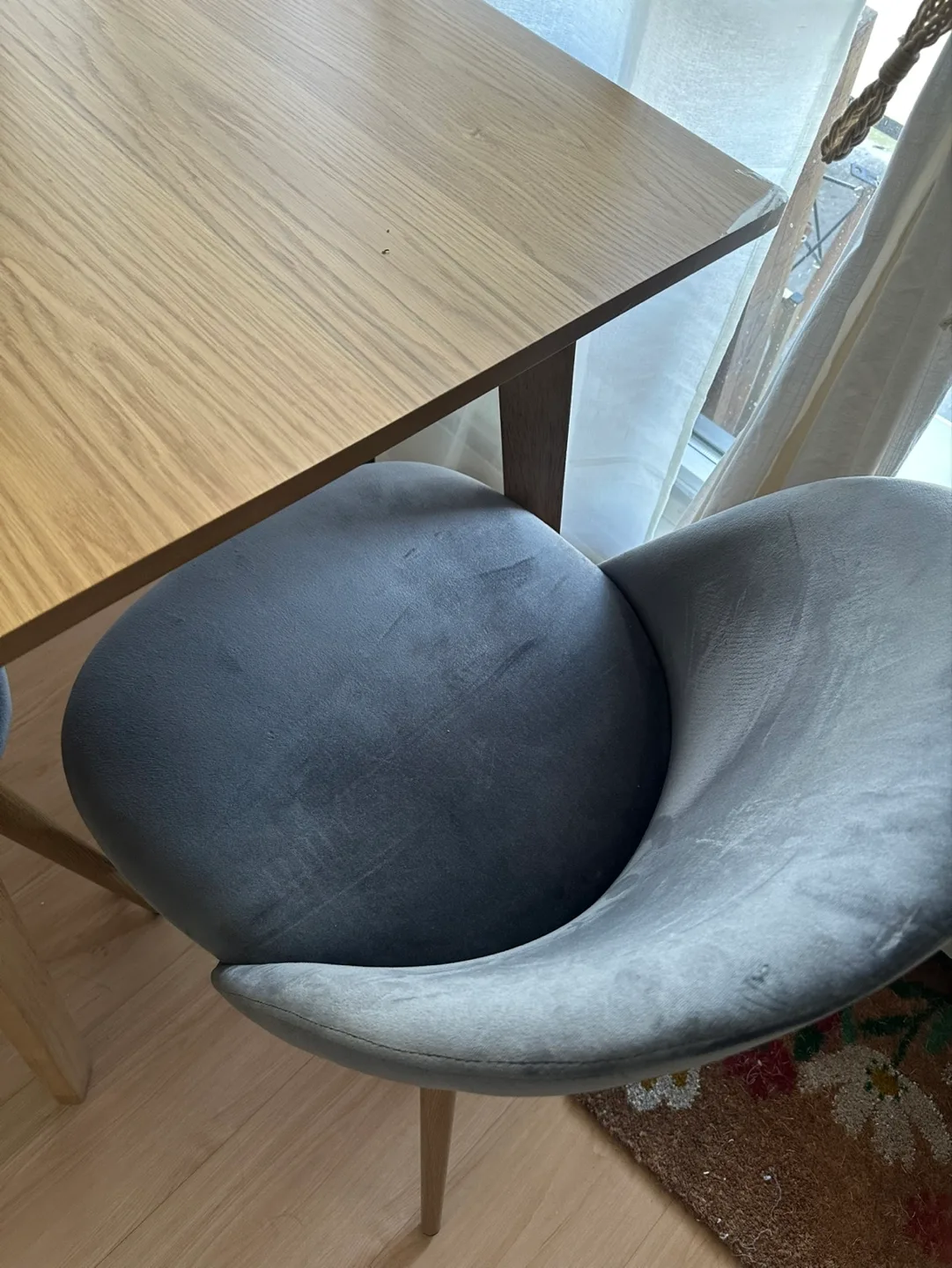 Set of Four Grey Velvet Dining Chairs with Light Wood Legs image indicator(2)