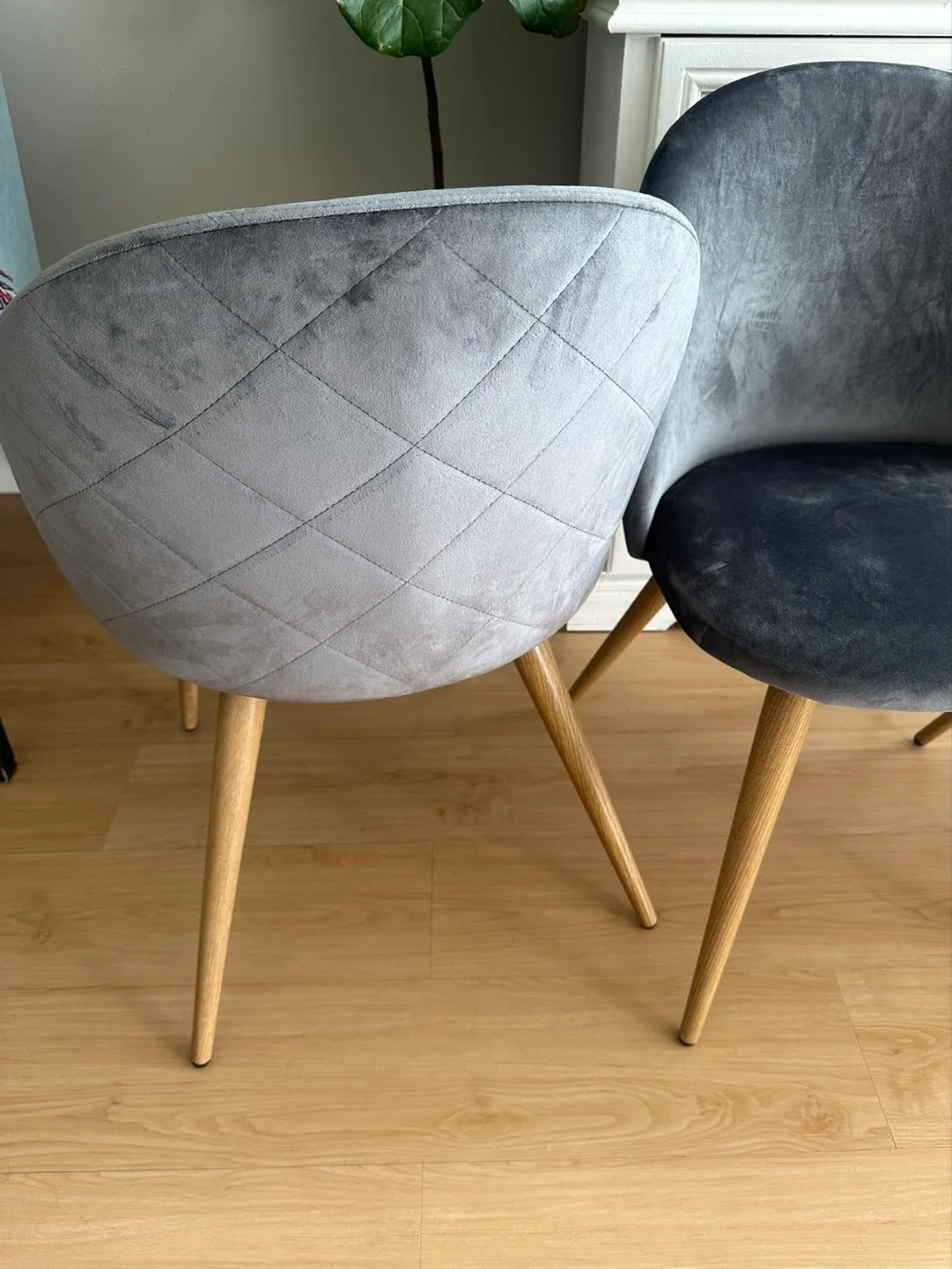 Set of Four Grey Velvet Dining Chairs with Light Wood Legs image indicator(10)