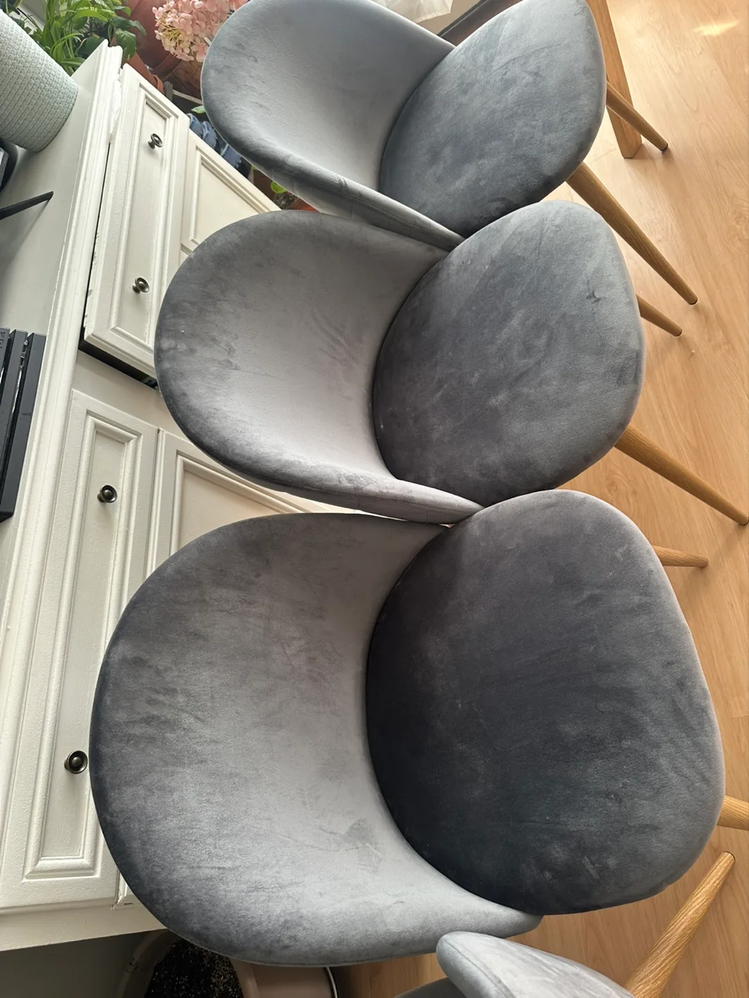 Set of Four Grey Velvet Dining Chairs with Light Wood Legs image indicator(9)