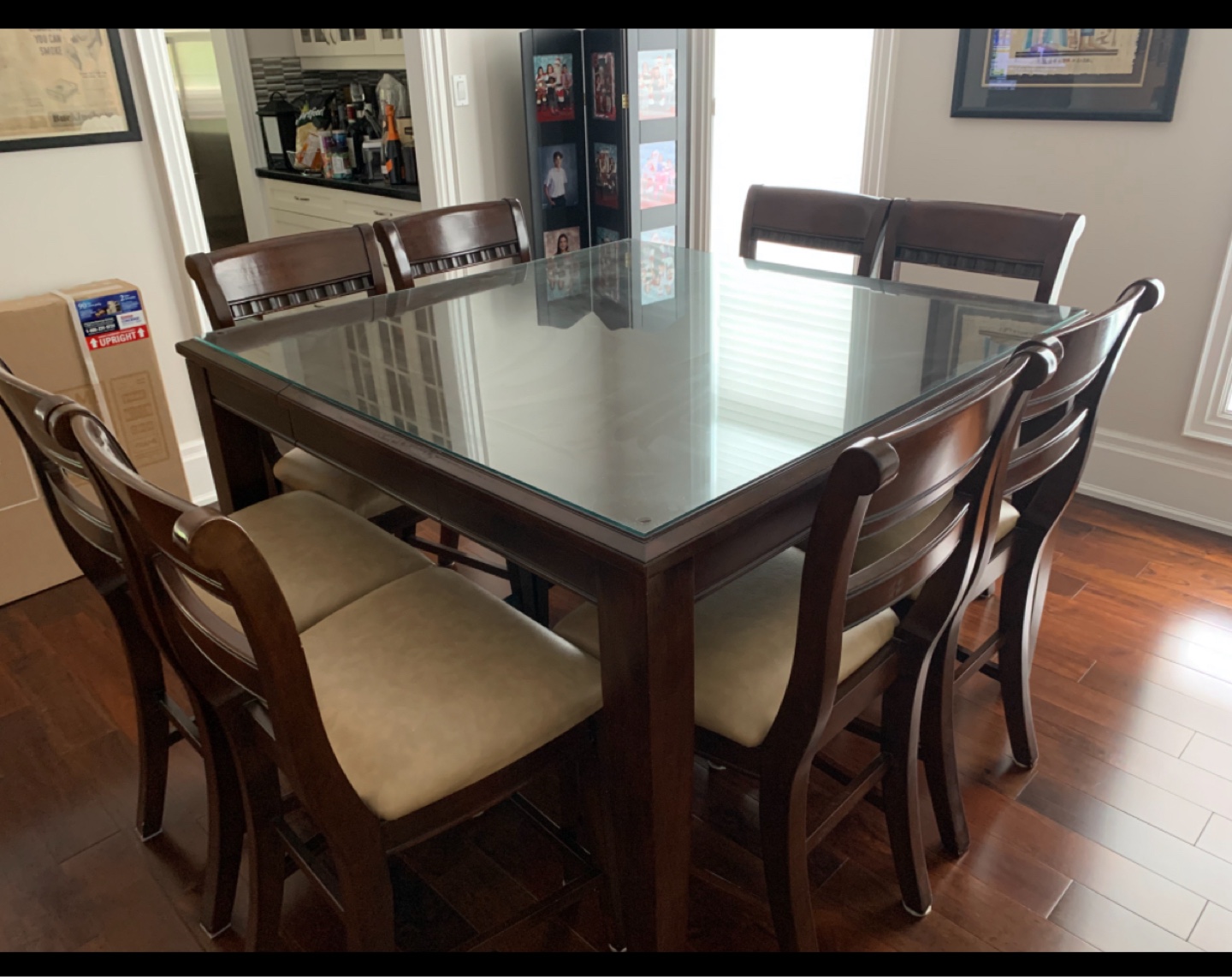 Dark Brown Wood Dining Table Set with 8 Chairs and Glass Top