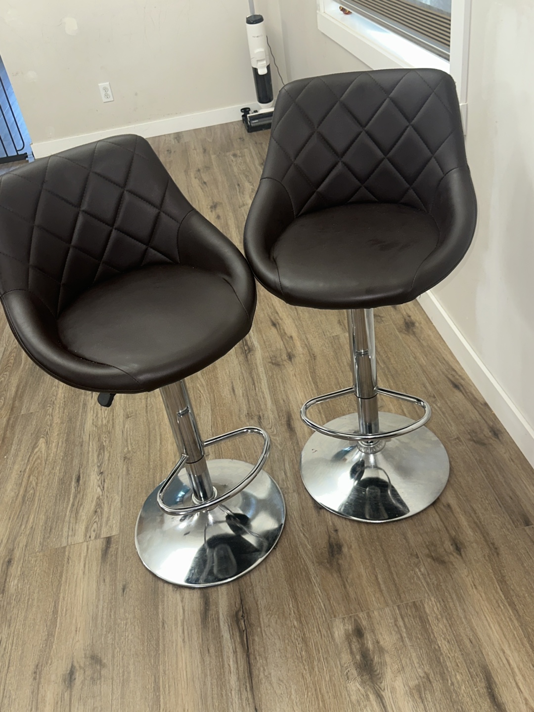 Pair of Brown PU Leather Bar Stools with Chrome Base
