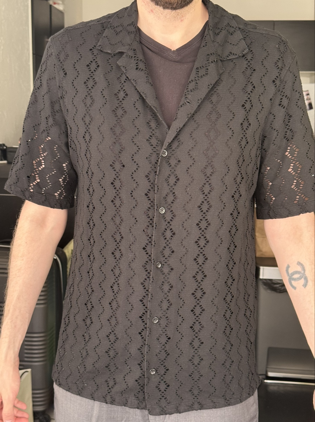 Zara Men's Black Short Sleeve Perforated Shirt - Size L