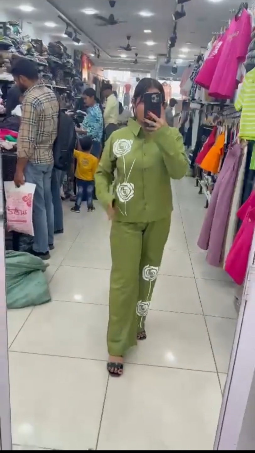Olive Green Rose Print Pant Set