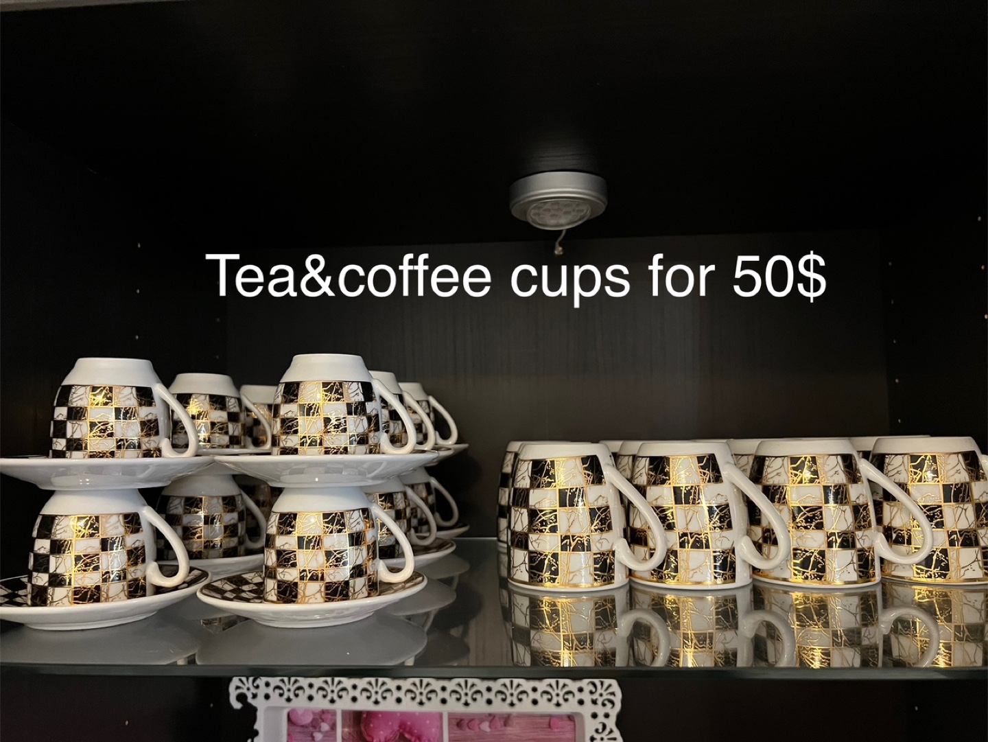 Tea & Coffee Cups Set - Black & Gold Checkered Design