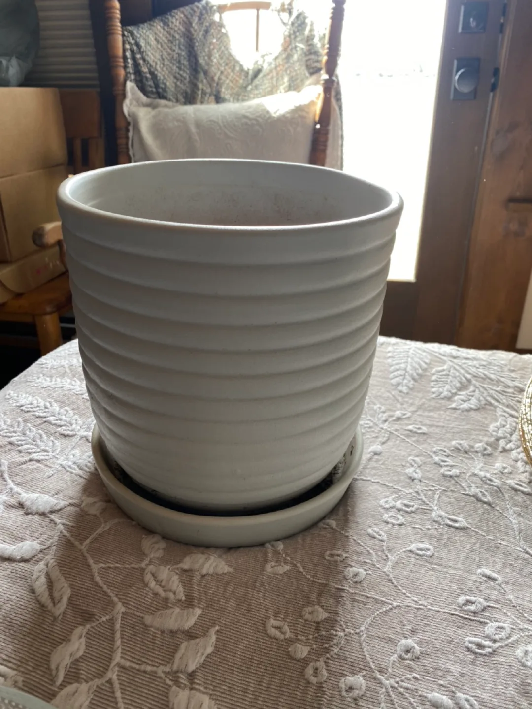 White Ceramic Planter with Saucer thumbnail