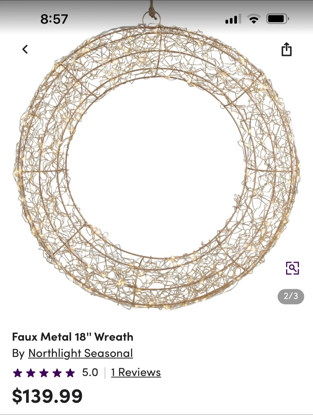 Northlight Seasonal 18" Faux Metal Wreath with Lights image indicator(2)