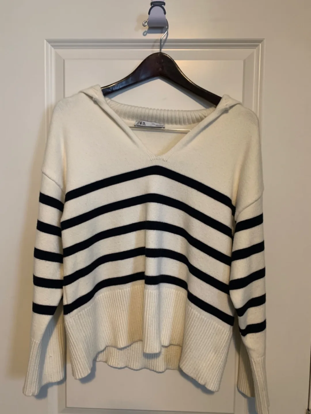 Zara Cream and Navy Striped Sweater thumbnail