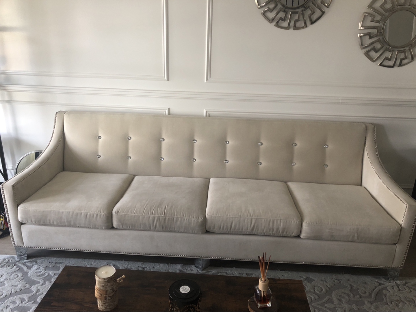 Elegant Beige  Sofa with Crystal Button Detail