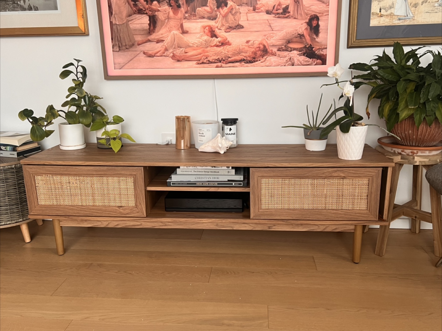 Mid Century Modern Rattan & Wood TV Stand