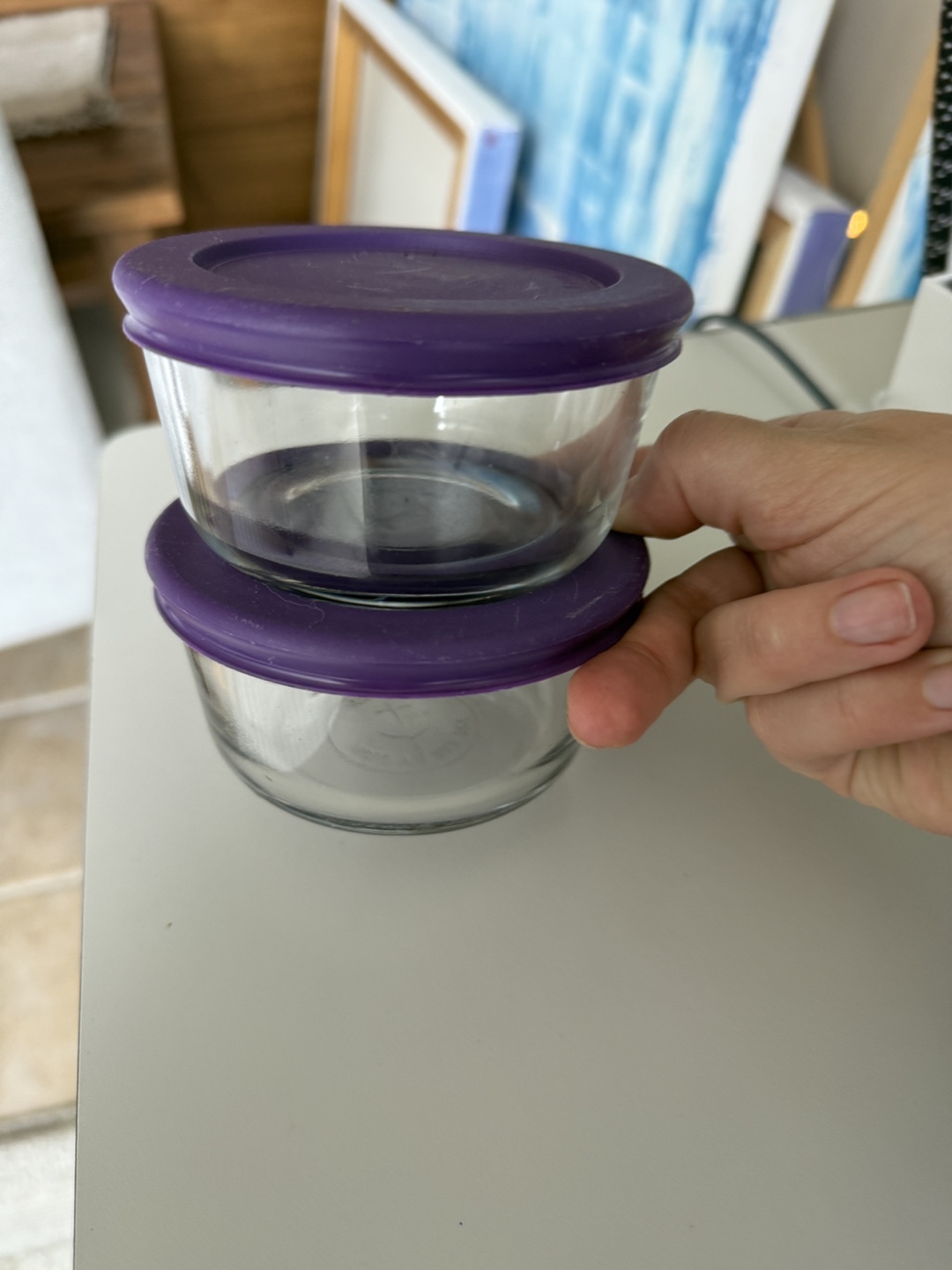 Two Glass Storage Containers with Purple Lids