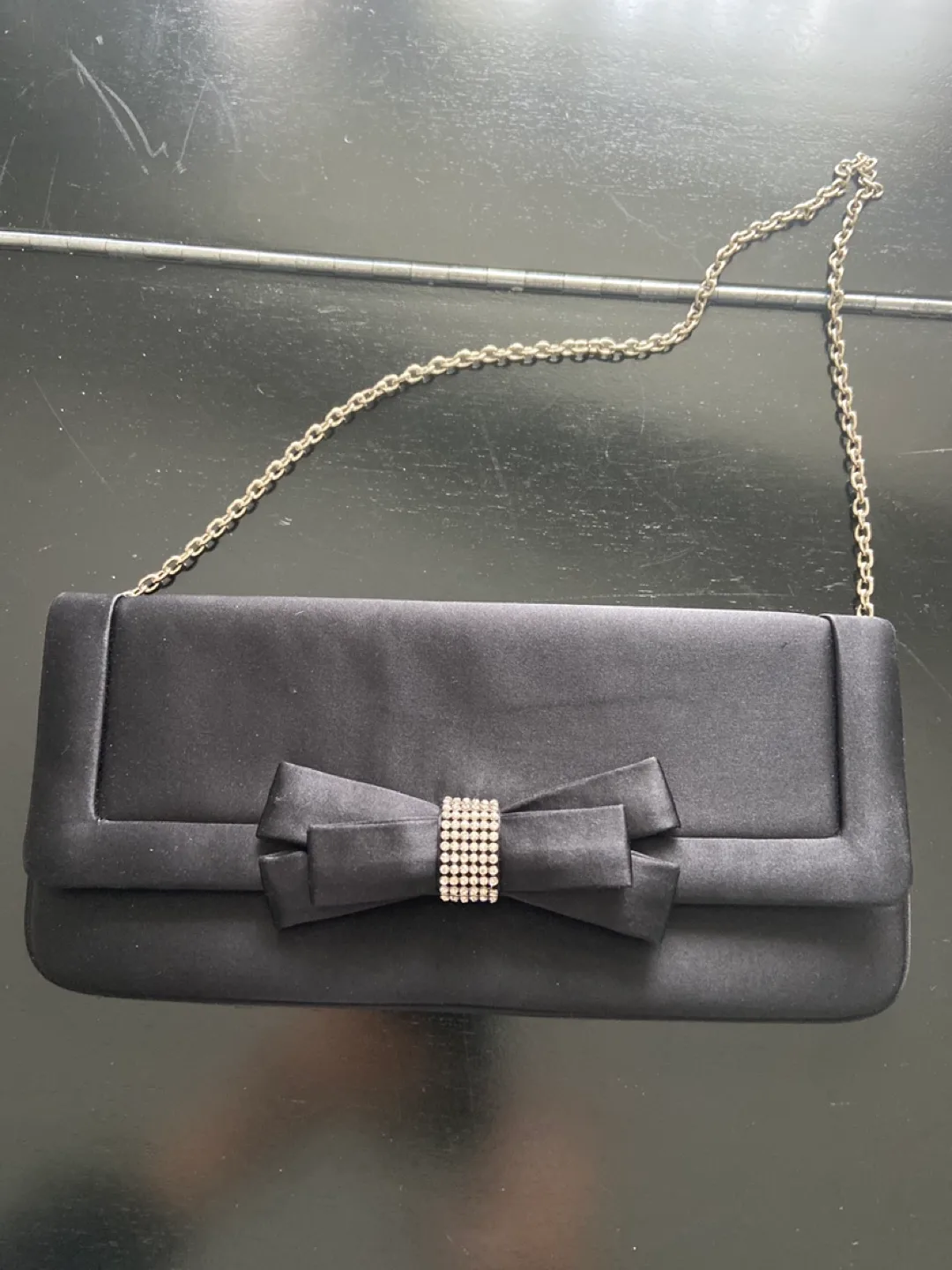Black Satin Evening Clutch with Rhinestone Bow thumbnail