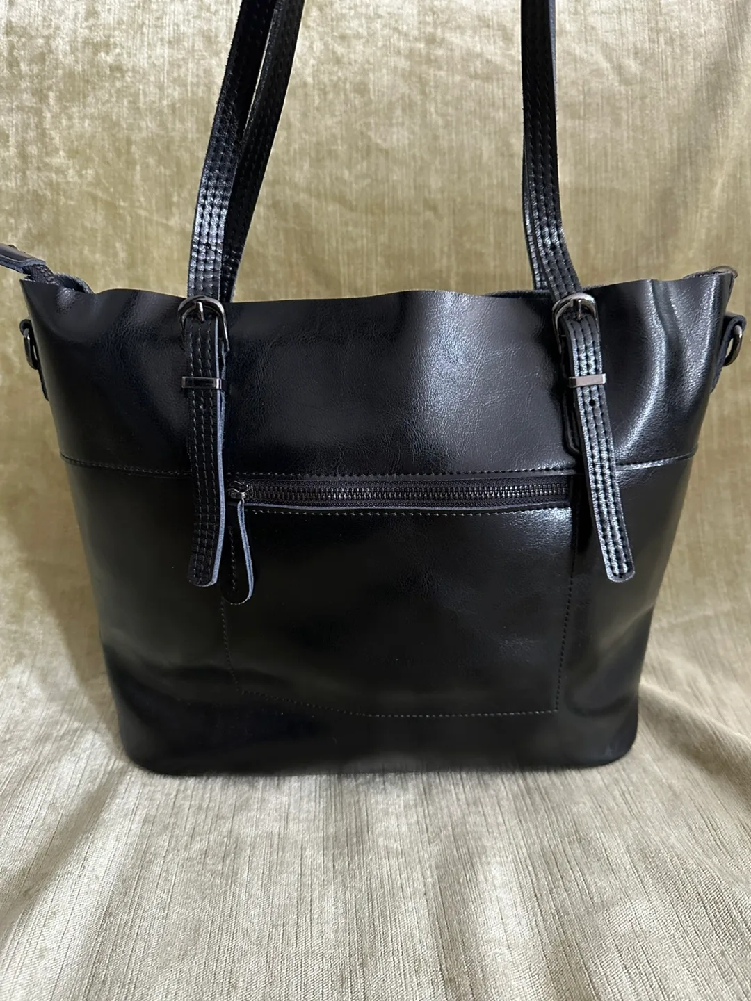 Black Leather Tote Bag with Buckle Detail image indicator(2)