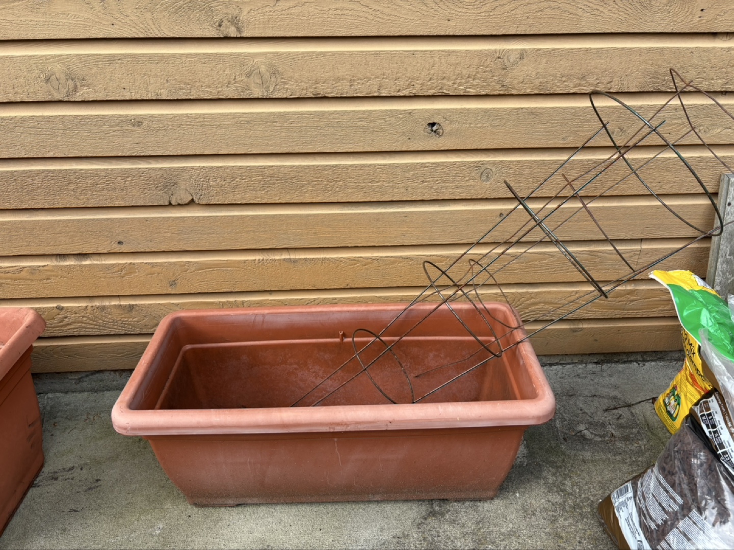 Large terracotta planter with plant support