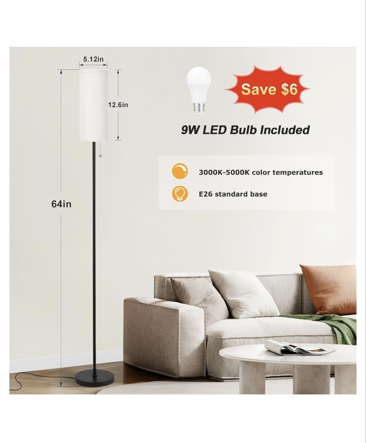 Ambimall Minimalist Floor Lamp with 9W LED Bulb - photo 2