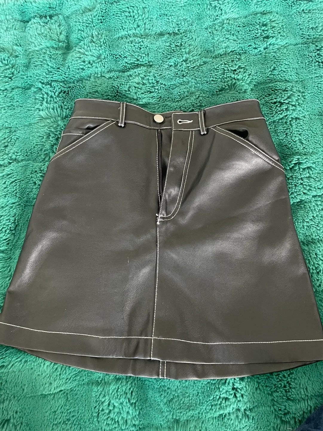 Dynamite Black Faux Leather Mini Skirt with White Stitching thumbnail