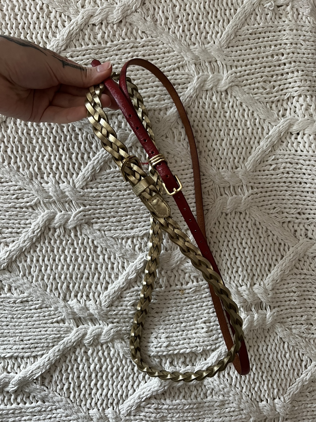Two Women's Belts - Gold Braided & Red Leather