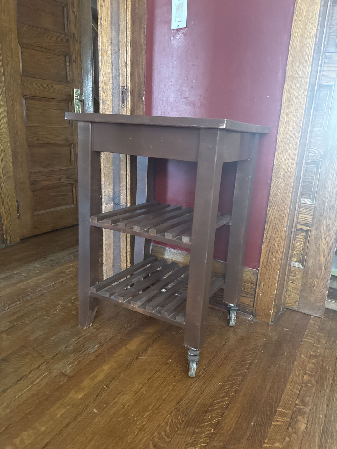 Brown Kitchen Cart with Drawer and Two Shelves
