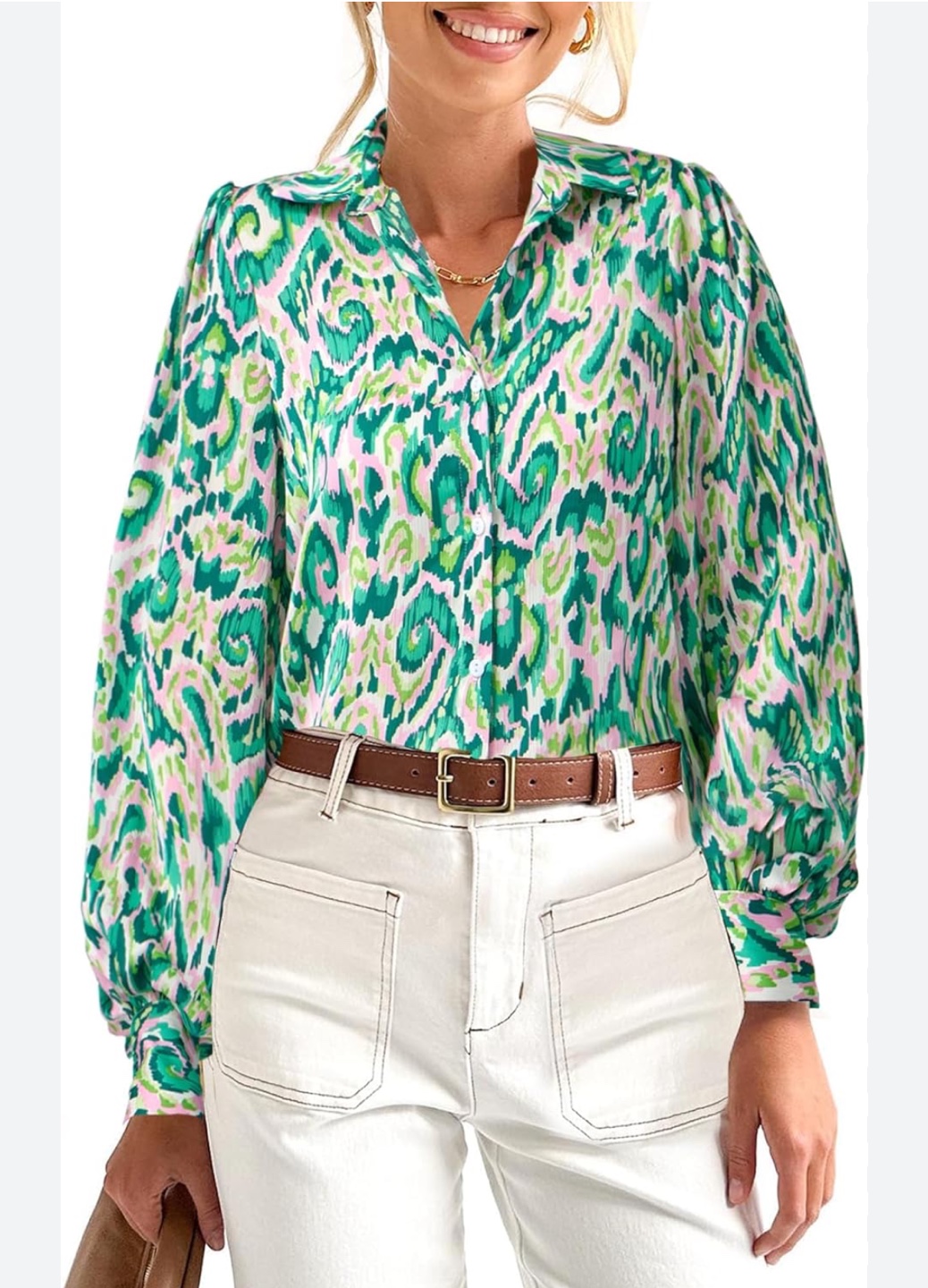 New Casual Boho Print Button Down Chiffon Blouse  -XL