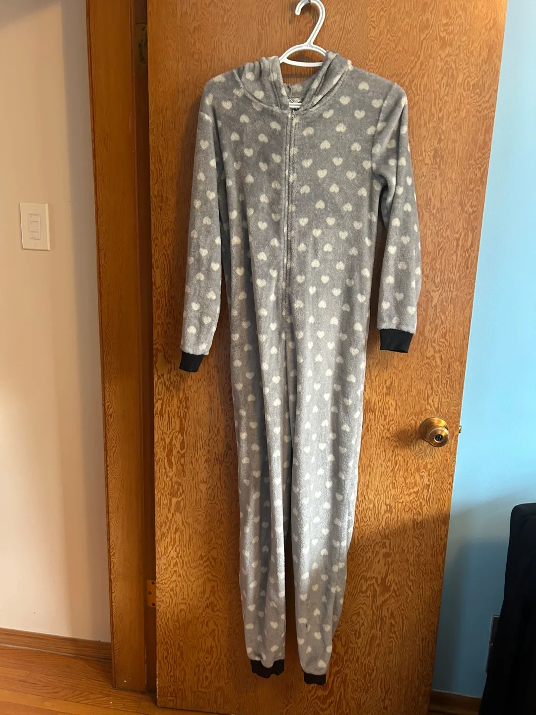 💚🦝small women’s Grey Trash Panda Onesie with Hearts image indicator(2)