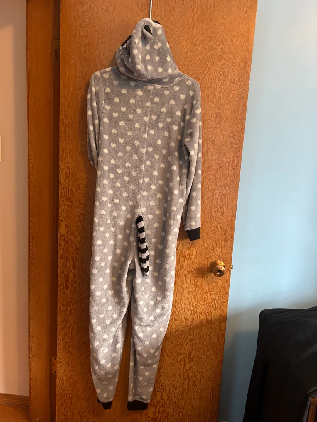💚🦝small women’s Grey Trash Panda Onesie with Hearts image indicator(3)