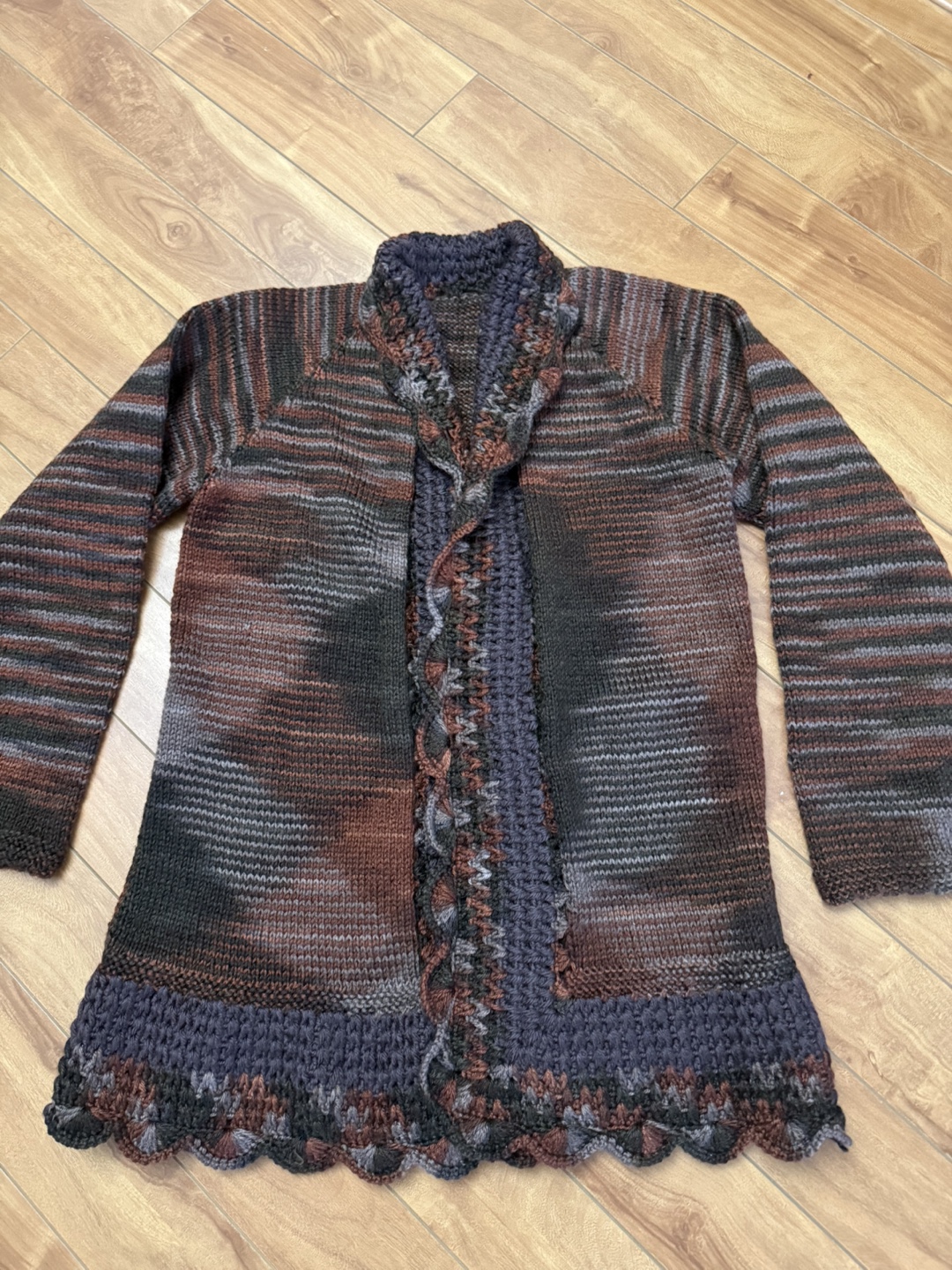 Hand-Knitted Cardigan - Brown & Grey Stripes - photo 2