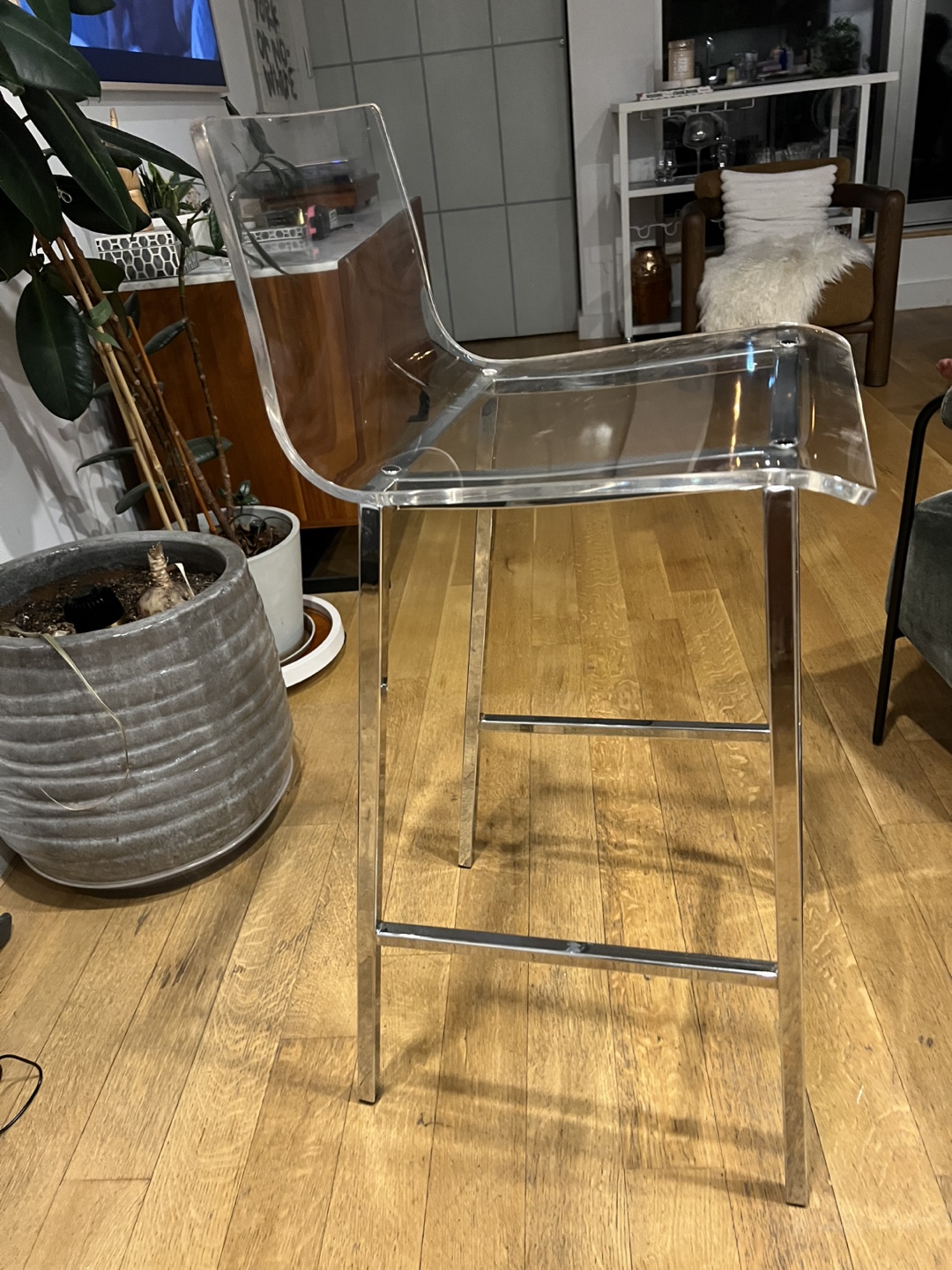 CB2 clear bar stool chairs x2