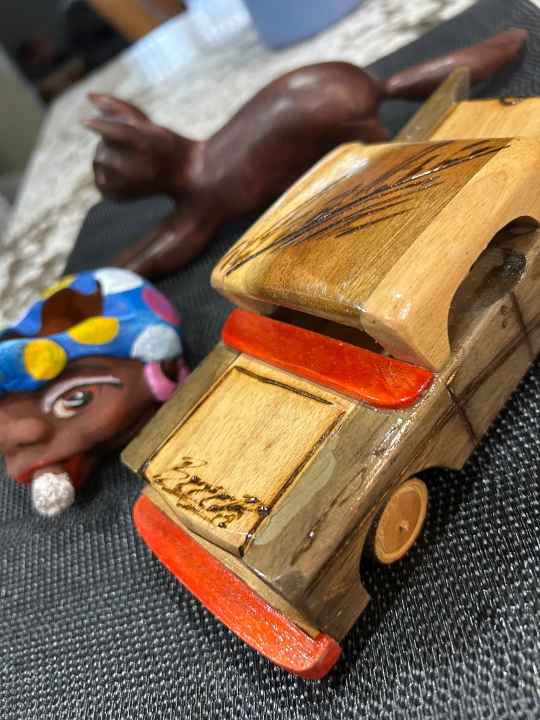Hand-carved wooden car, ashtray, and cat figurine set thumbnail
