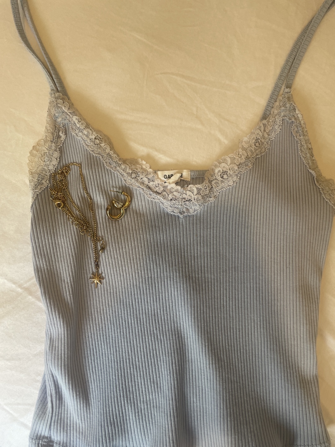 Ribbed Cami with Lace Trim - Light Blue