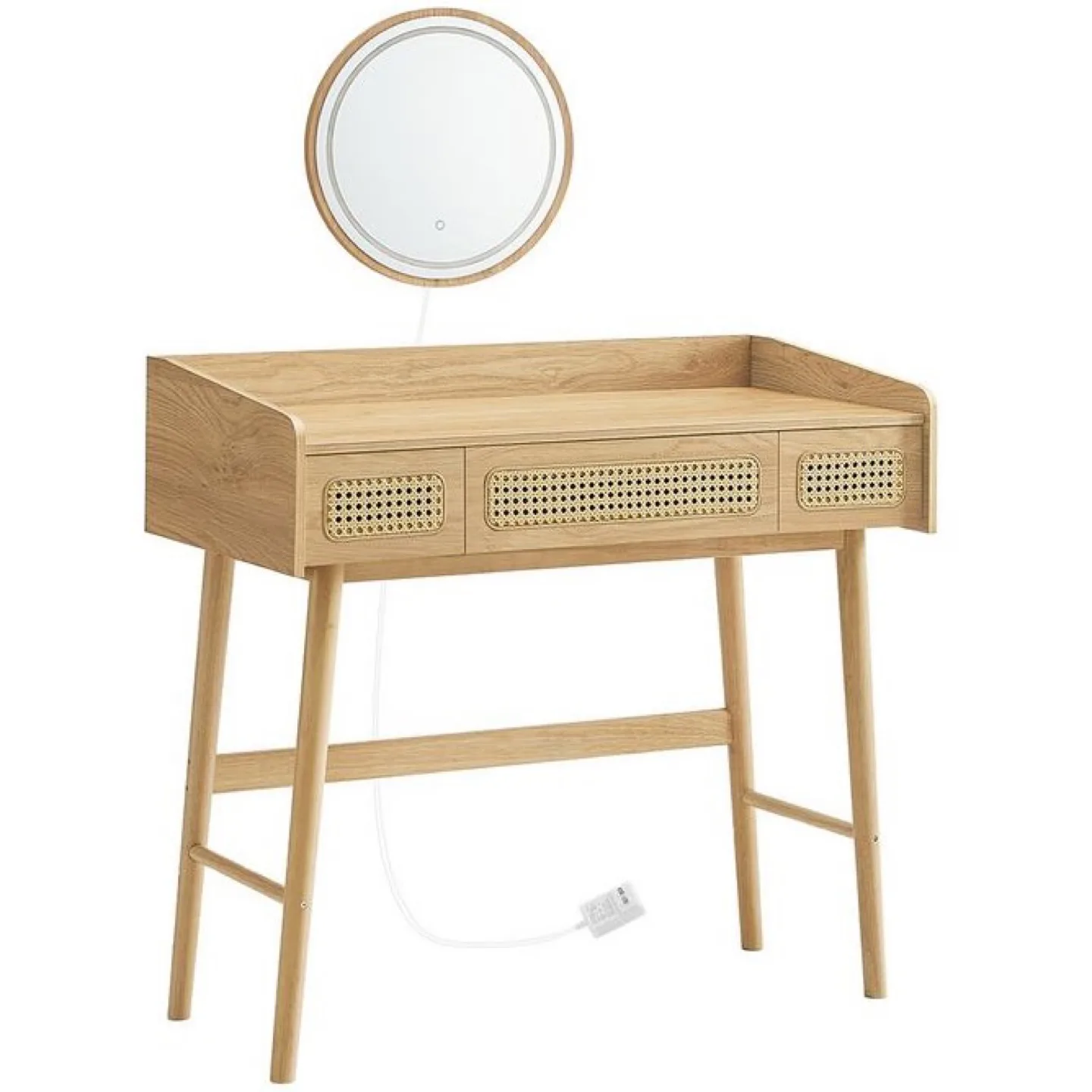 Vanity Desk with Rattan Accents and Lighted Mirror image indicator(4)