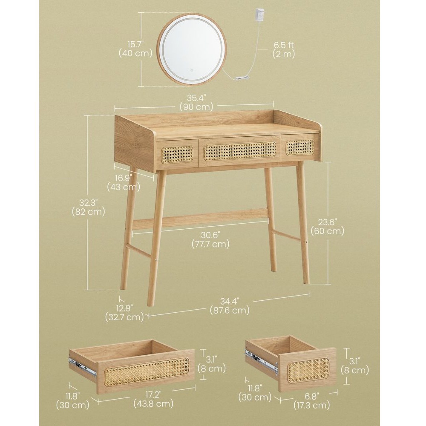 Vanity Desk with Rattan Accents and Lighted Mirror - photo 5