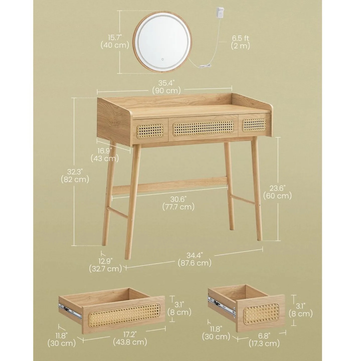 Vanity Desk with Rattan Accents and Lighted Mirror image indicator(5)
